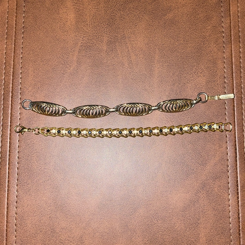 SOLD. Vintage Gold Tone Black Rhinestone Tennis Bracelets size 7 1/4
